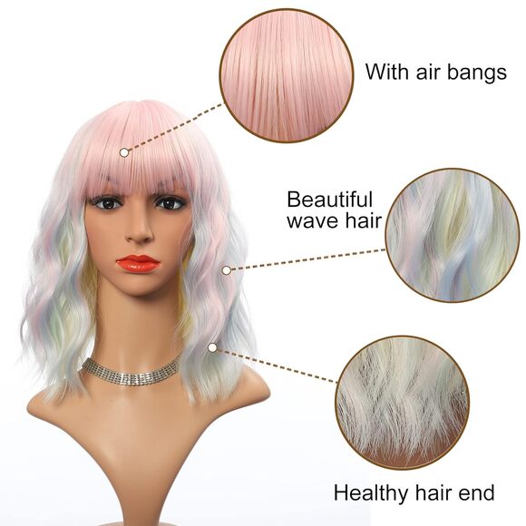 Women's Short Rainbow Wigs Curly Wavy Shoulder Length Pastel Bob - Picture 2 of 3